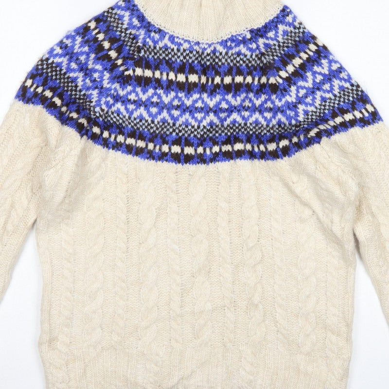 Marks & Spencer Women Ivory S Fair Isle Cable Knit Roll Neck Jumper
