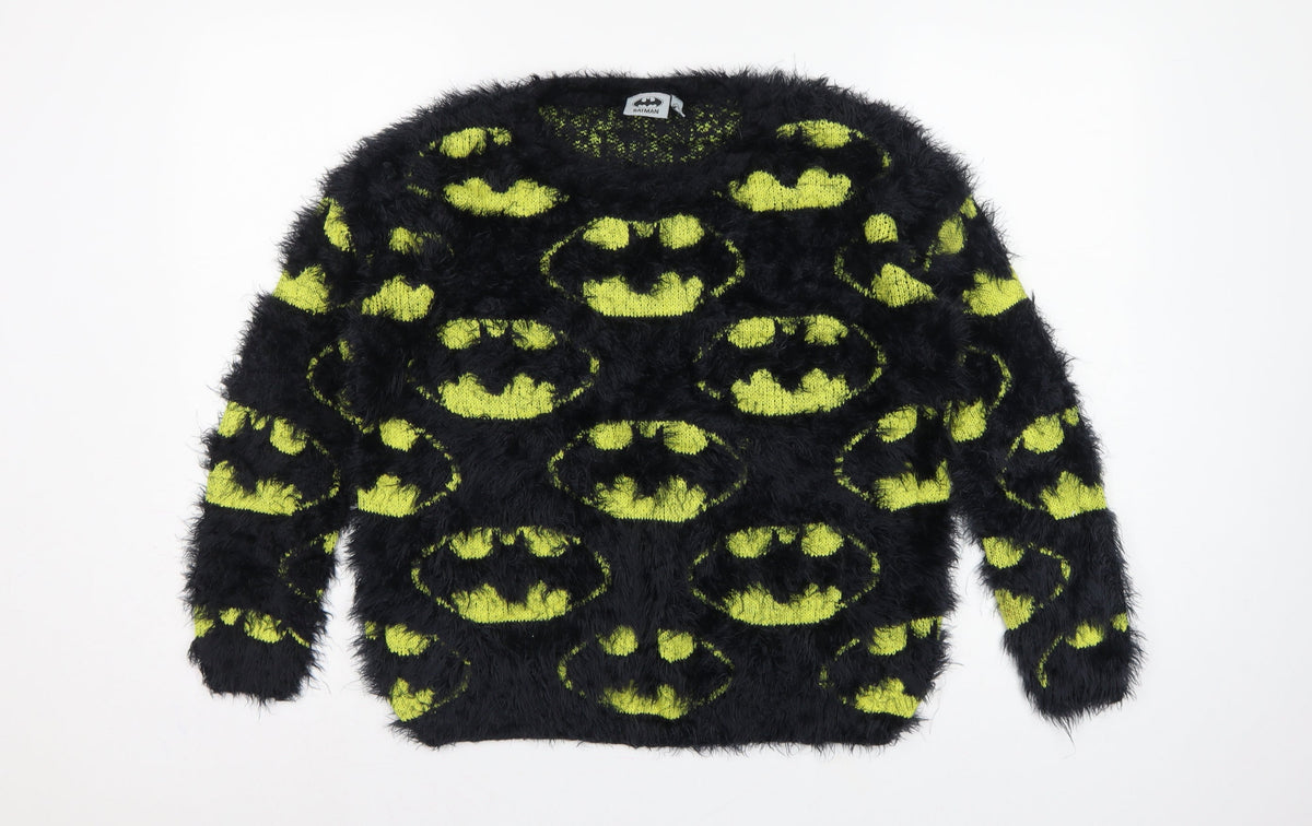 Batman Women’s Black Green Fuzzy Logo Knit Jumper UK 12 Long Sleeve