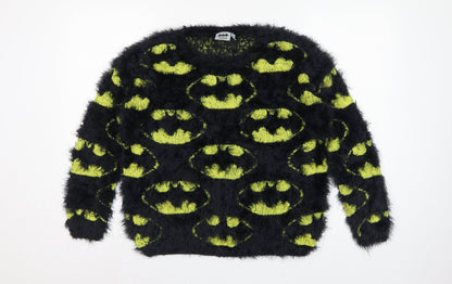 Batman Women’s Black Green Fuzzy Logo Knit Jumper UK 12 Long Sleeve