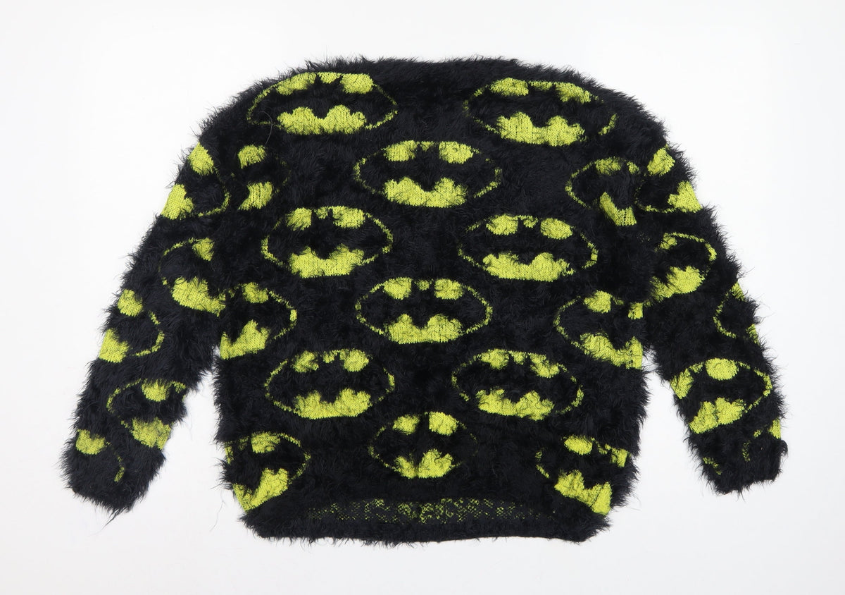 Batman Women’s Black Green Fuzzy Logo Knit Jumper UK 12 Long Sleeve