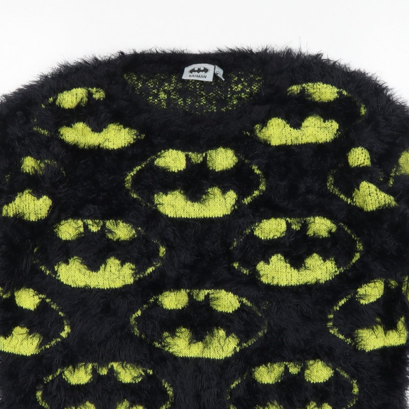 Batman Women’s Black Green Fuzzy Logo Knit Jumper UK 12 Long Sleeve