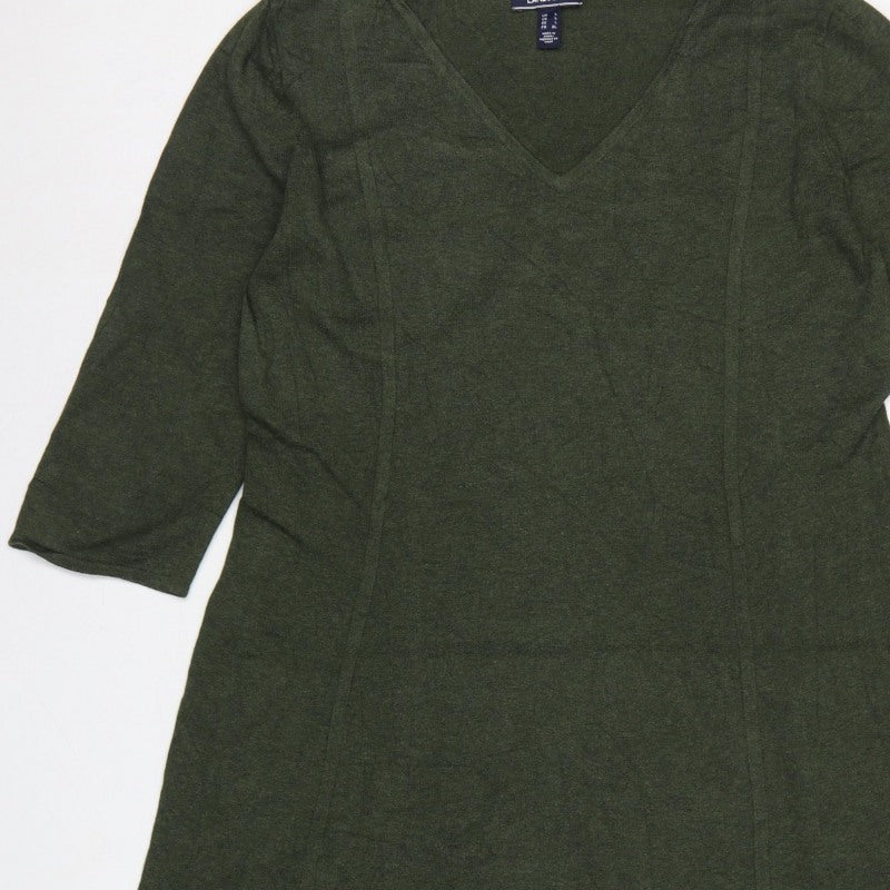 Lands' End Women Green L Knit Midi Shift Dress V-Neck 3/4 Sleeve