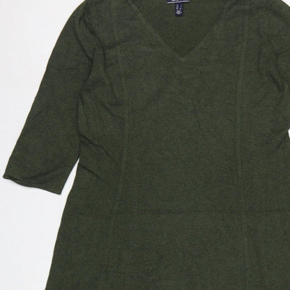 Lands' End Women Green L Knit Midi Shift Dress V-Neck 3/4 Sleeve