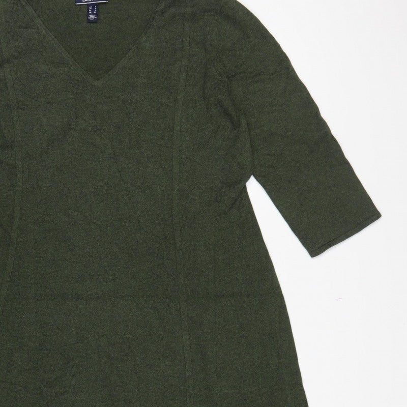 Lands' End Women Green L Knit Midi Shift Dress V-Neck 3/4 Sleeve
