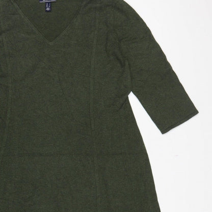 Lands' End Women Green L Knit Midi Shift Dress V-Neck 3/4 Sleeve