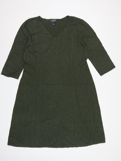 Lands' End Women Green L Knit Midi Shift Dress V-Neck 3/4 Sleeve
