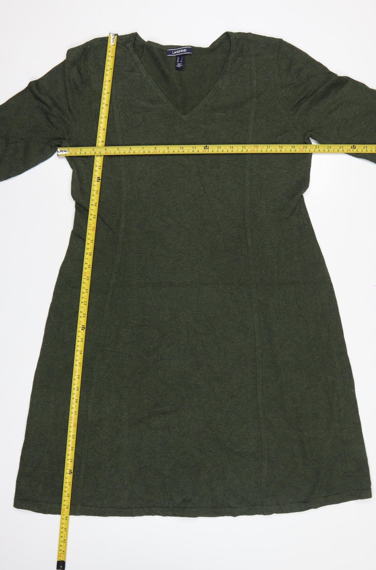 Lands' End Women Green L Knit Midi Shift Dress V-Neck 3/4 Sleeve