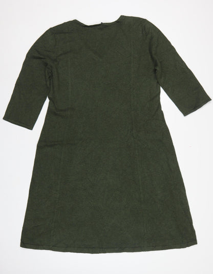 Lands' End Women Green L Knit Midi Shift Dress V-Neck 3/4 Sleeve
