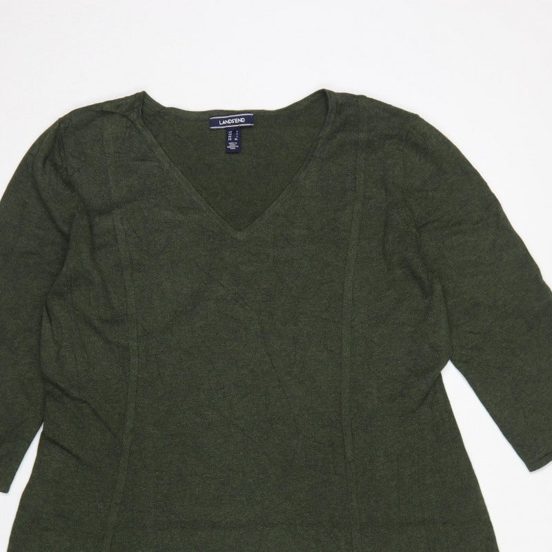 Lands' End Women Green L Knit Midi Shift Dress V-Neck 3/4 Sleeve