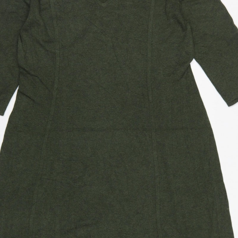 Lands' End Women Green L Knit Midi Shift Dress V-Neck 3/4 Sleeve