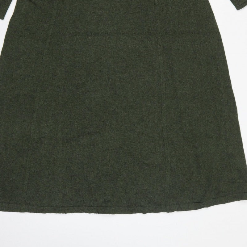 Lands' End Women Green L Knit Midi Shift Dress V-Neck 3/4 Sleeve