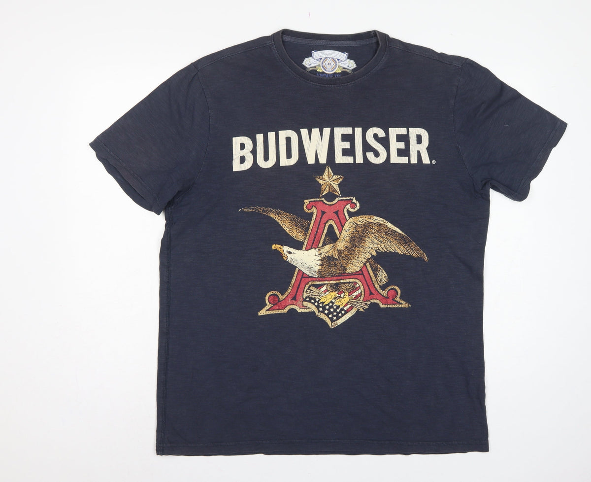 Budweiser Mens Blue Large Vintage Tee Eagle Beer Graphic Print T-Shirt