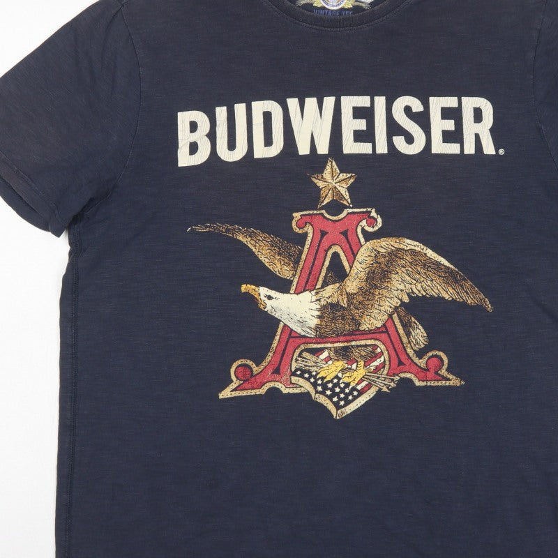 Budweiser Mens Blue Large Vintage Tee Eagle Beer Graphic Print T-Shirt