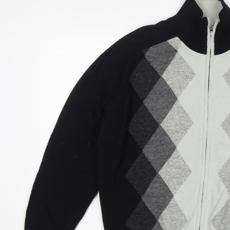 Concrete Men’s Black Grey Argyle Full Zip Wool Jumper XL