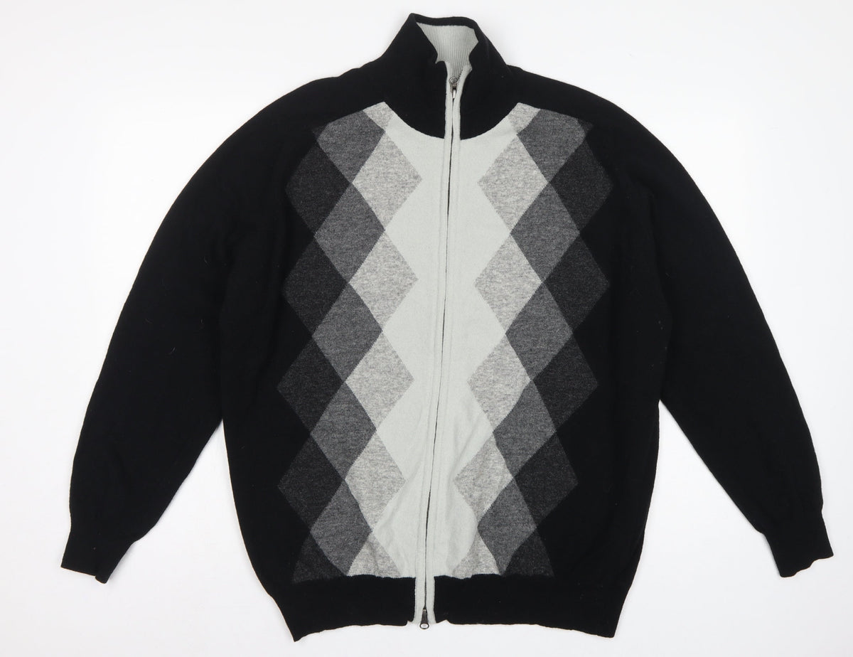 Concrete Men’s Black Grey Argyle Full Zip Wool Jumper XL
