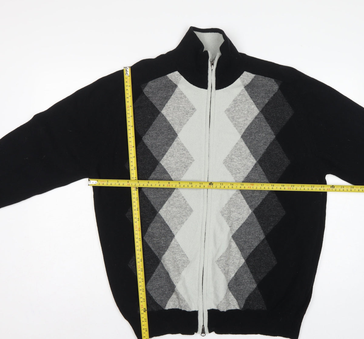 Concrete Men’s Black Grey Argyle Full Zip Wool Jumper XL
