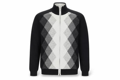 Concrete Men’s Black Grey Argyle Full Zip Wool Jumper XL