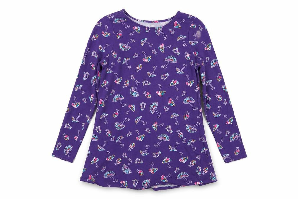 Lands' End Teens Purple Mushroom Print Long Sleeve Ruffle Tunic Size 10