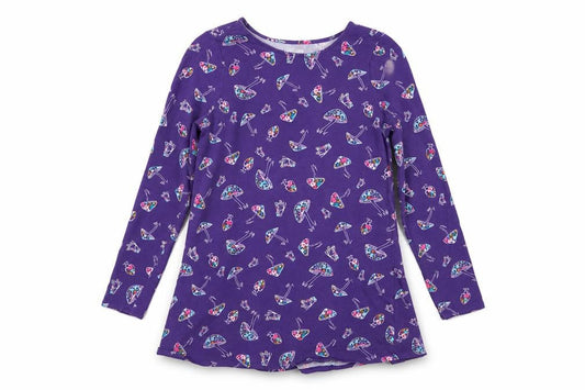Front view of Lands' End Teens Purple Mushroom Print Long Sleeve Ruffle Tunic, size 10