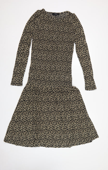 Next Women Black Beige Size 8 Fit & Flare Animal Print Midi Dress