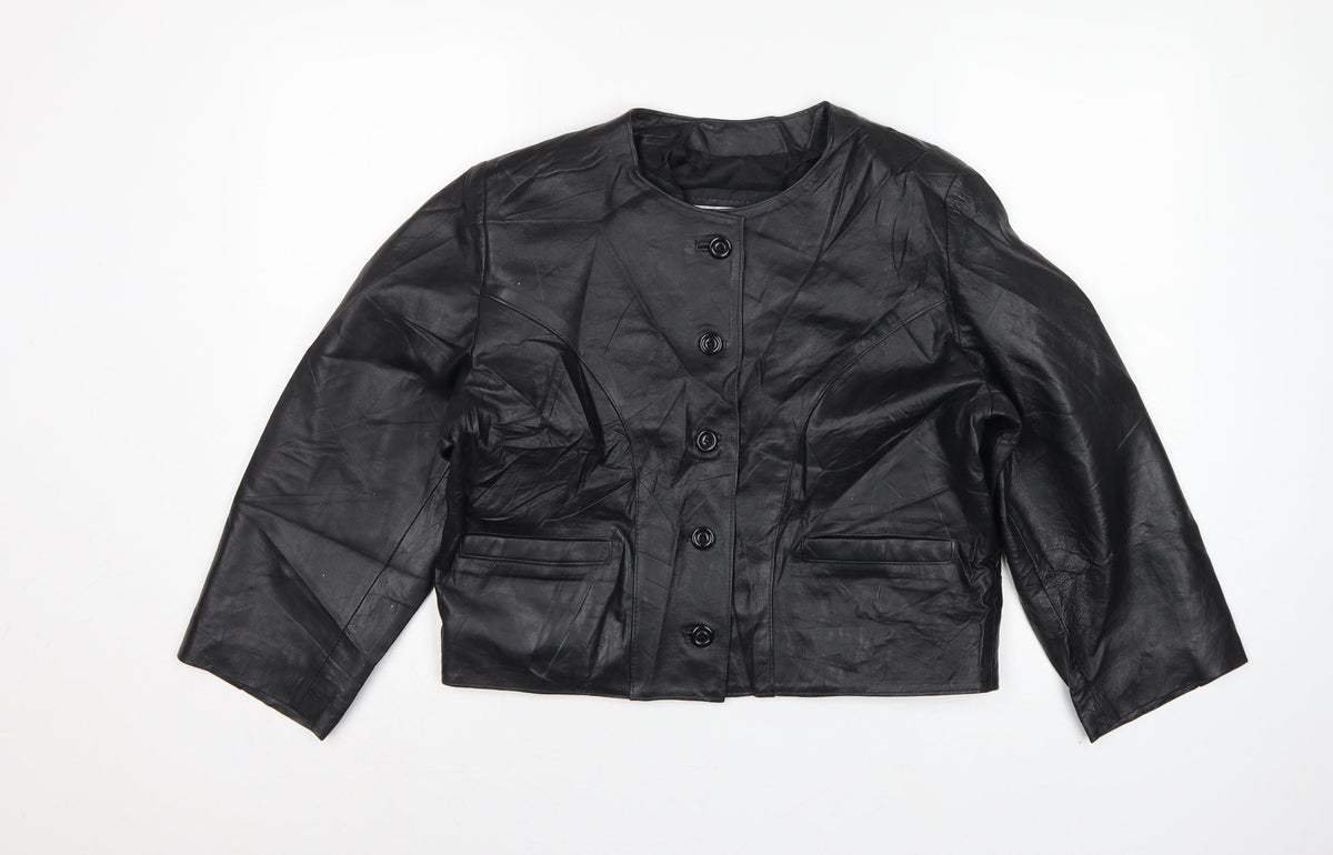 Antiloppe Women’s Black Leather Cropped Collarless Jacket Size L