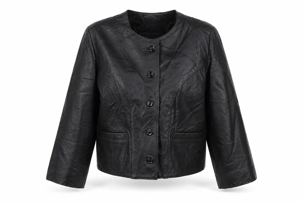 Antiloppe Women’s Black Leather Cropped Collarless Jacket Size L