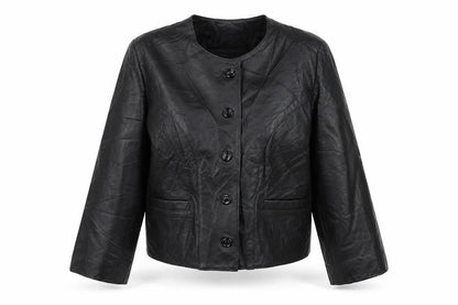 Antiloppe Women’s Black Leather Cropped Collarless Jacket Size L