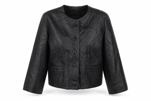 Antiloppe Women’s Black Leather Cropped Collarless Jacket Size L