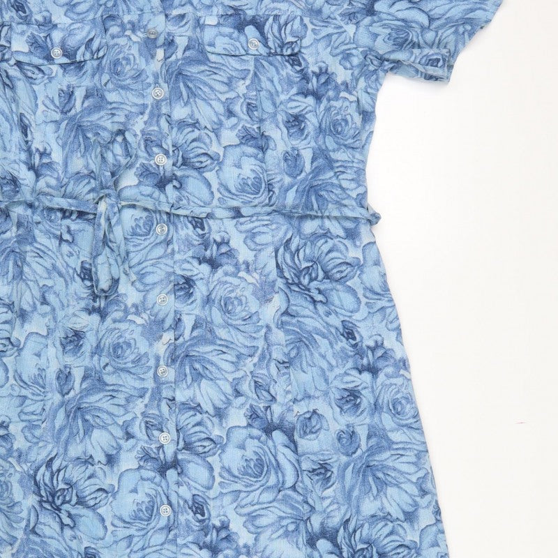 Anew Women Blue Floral Size 16 Long Shirt Dress Belted Collared