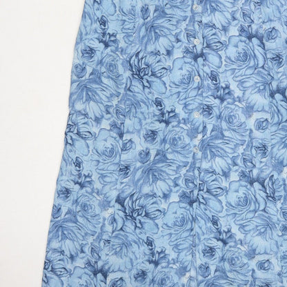 Anew Women Blue Floral Size 16 Long Shirt Dress Belted Collared