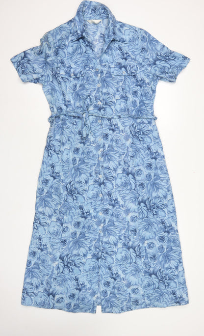 Anew Women Blue Floral Size 16 Long Shirt Dress Belted Collared