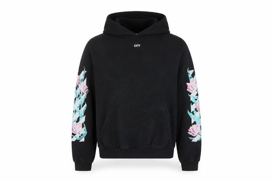 Front view of Off-White unisex adults black s floral logo pullover hoodie