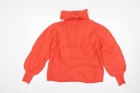 M&S Women Orange M Cable Knit Roll Neck 1/4 Zip Jumper