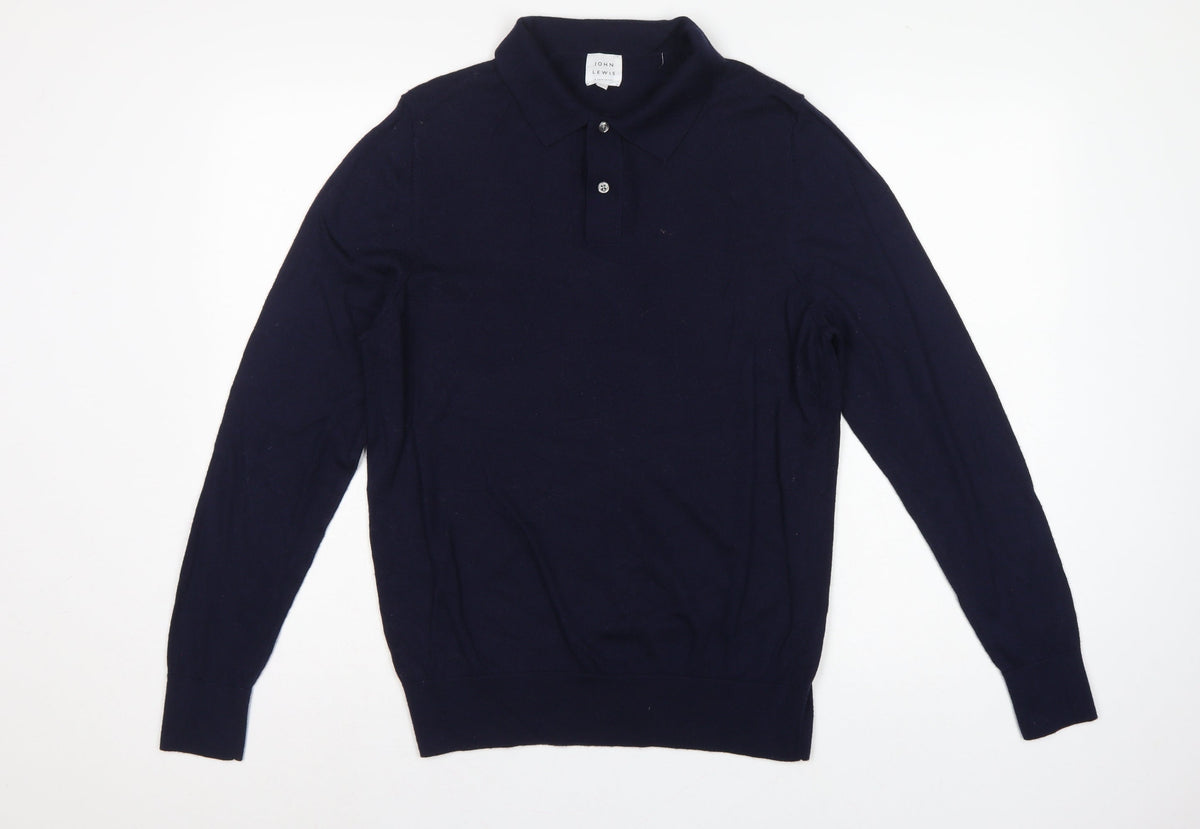 John Lewis Men’s Navy Blue L Merino Wool Collared Henley Jumper
