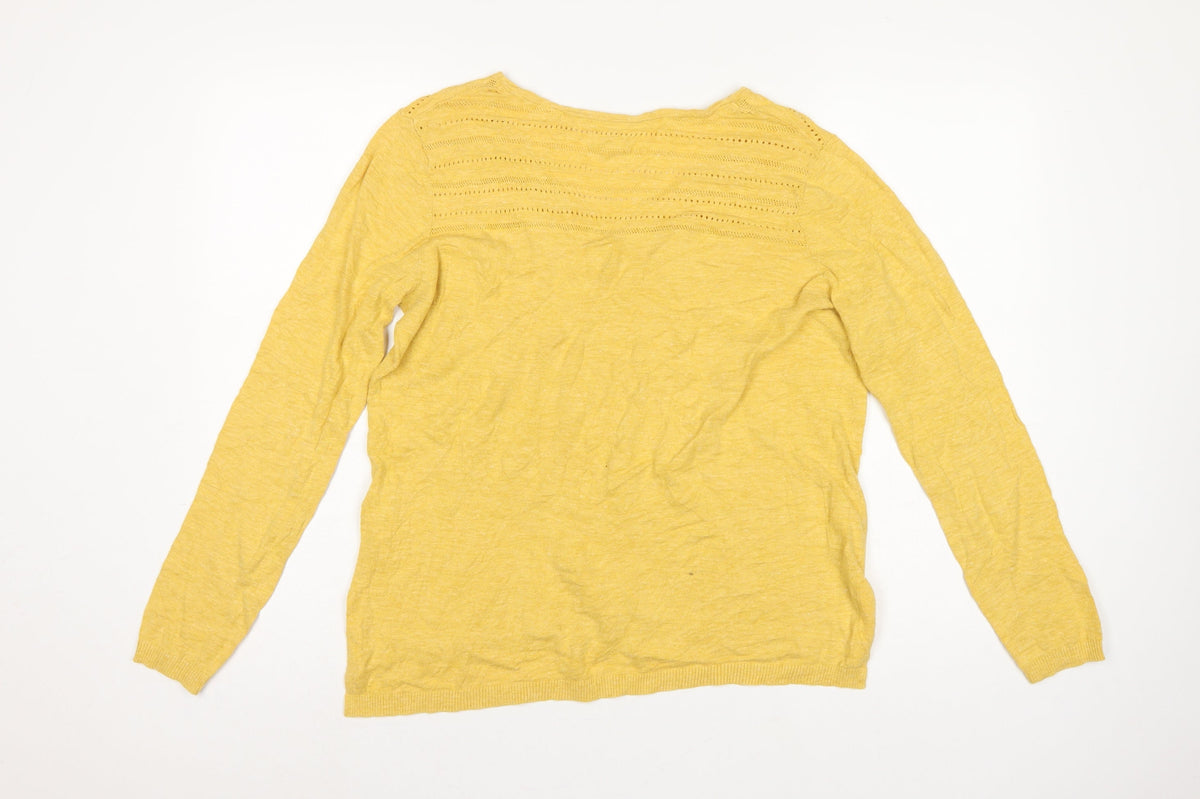 Fat Face Women's Yellow UK 12 V-Neck Open Knit Cotton Jumper