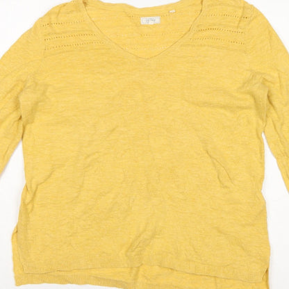 Fat Face Women's Yellow UK 12 V-Neck Open Knit Cotton Jumper