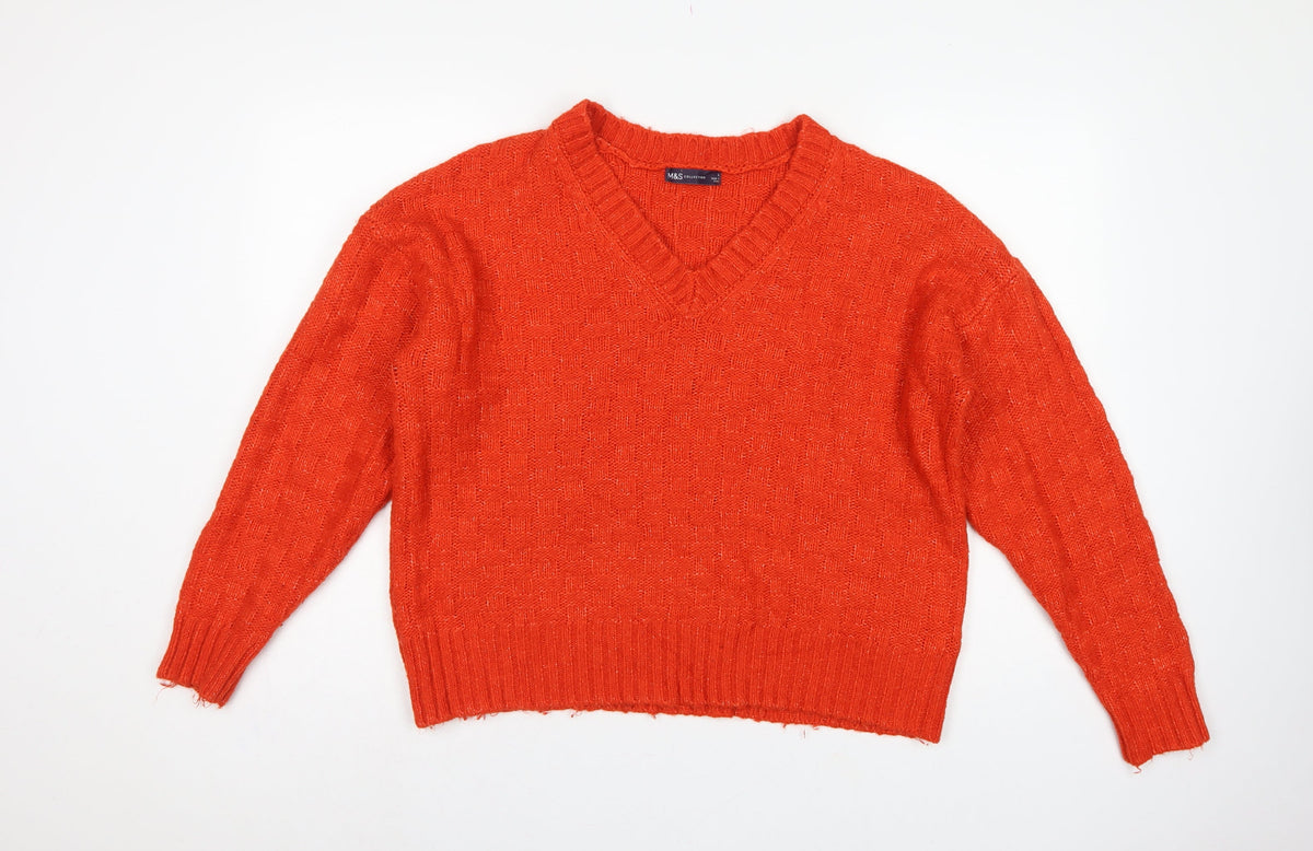 Marks & Spencer Women's Orange Large V-Neck Geometric Knit Jumper