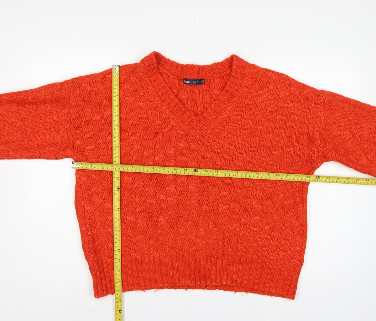 Marks & Spencer Women's Orange Large V-Neck Geometric Knit Jumper