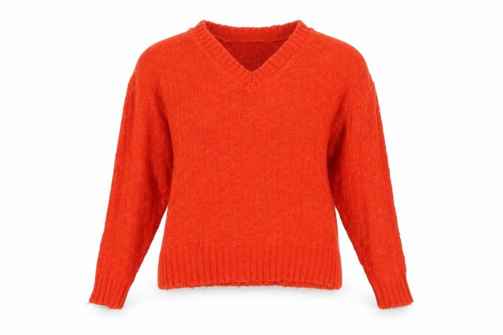 Marks & Spencer Women's Orange Large V-Neck Geometric Knit Jumper