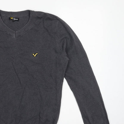 Voi Jeans Men's Grey Cotton V-Neck Logo Pullover Jumper Size M