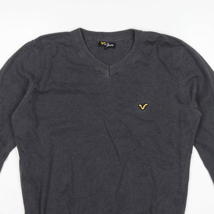 Voi Jeans Men's Grey Cotton V-Neck Logo Pullover Jumper Size M
