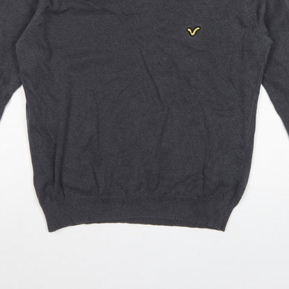 Voi Jeans Men's Grey Cotton V-Neck Logo Pullover Jumper Size M