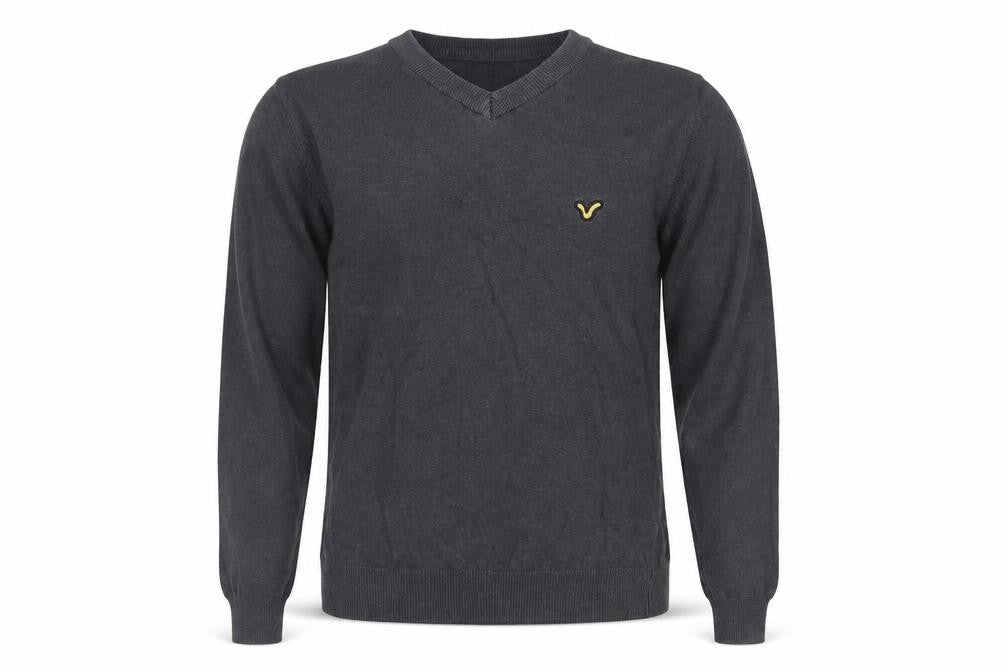 Voi Jeans Men's Grey Cotton V-Neck Logo Pullover Jumper Size M