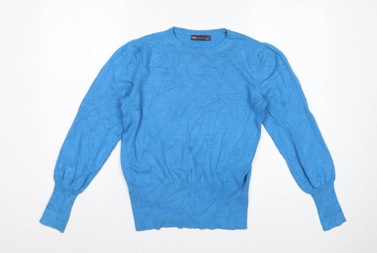 Marks & Spencer Women Blue M Crew Neck Balloon Sleeve Knit Jumper