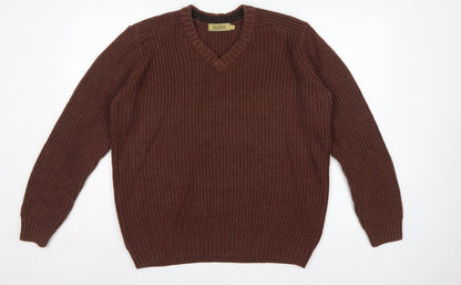 P.G. Field Men’s Brown L V-Neck Chunky Knit Acrylic Pullover Jumper