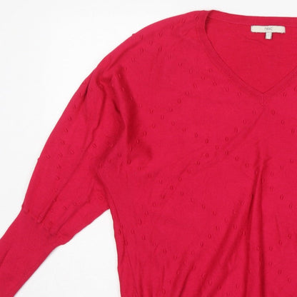 Next Women Pink V-Neck Textured Knit Jumper Size 16 L Balloon Sleeves