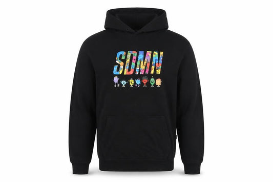 Front view of SOMN Men’s Black L Pullover Hoodie Mr Men Little Miss Graphic Print