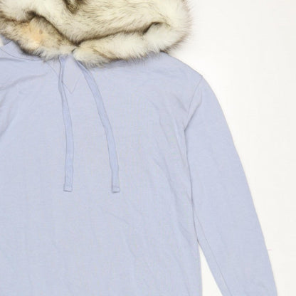 River Island Women Blue M Fur Trim Hooded Pullover Sweatshirt