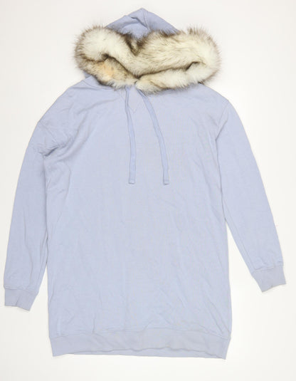 River Island Women Blue M Fur Trim Hooded Pullover Sweatshirt