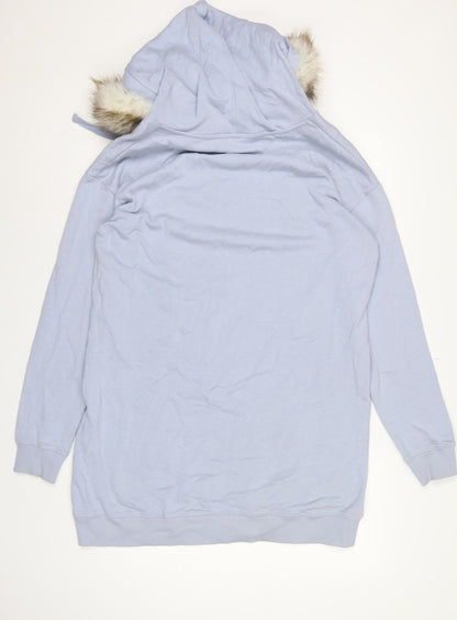 River Island Women Blue M Fur Trim Hooded Pullover Sweatshirt